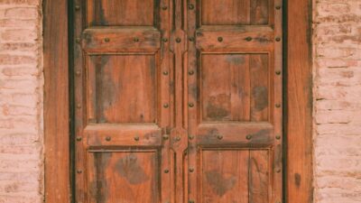 brown wooden door with padlock