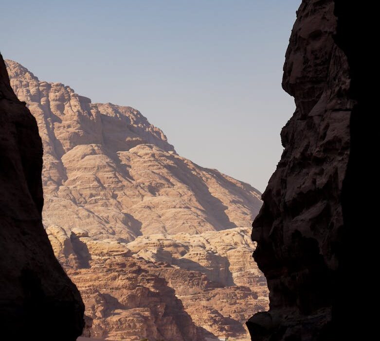 Breathtaking view of Wadi Rum's sandstone formations under a clear sky.