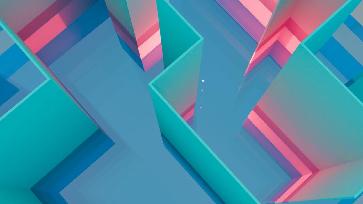 A colorful abstract 3D rendering with geometric shapes and a vibrant color palette.