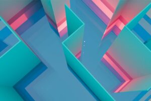 A colorful abstract 3D rendering with geometric shapes and a vibrant color palette.