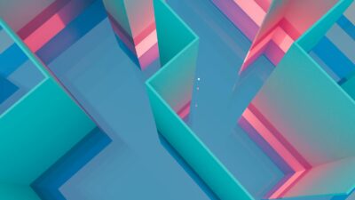 A colorful abstract 3D rendering with geometric shapes and a vibrant color palette.